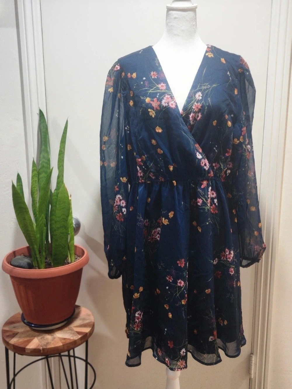 Floral Navy Wrap-Front Chiffon Dress
